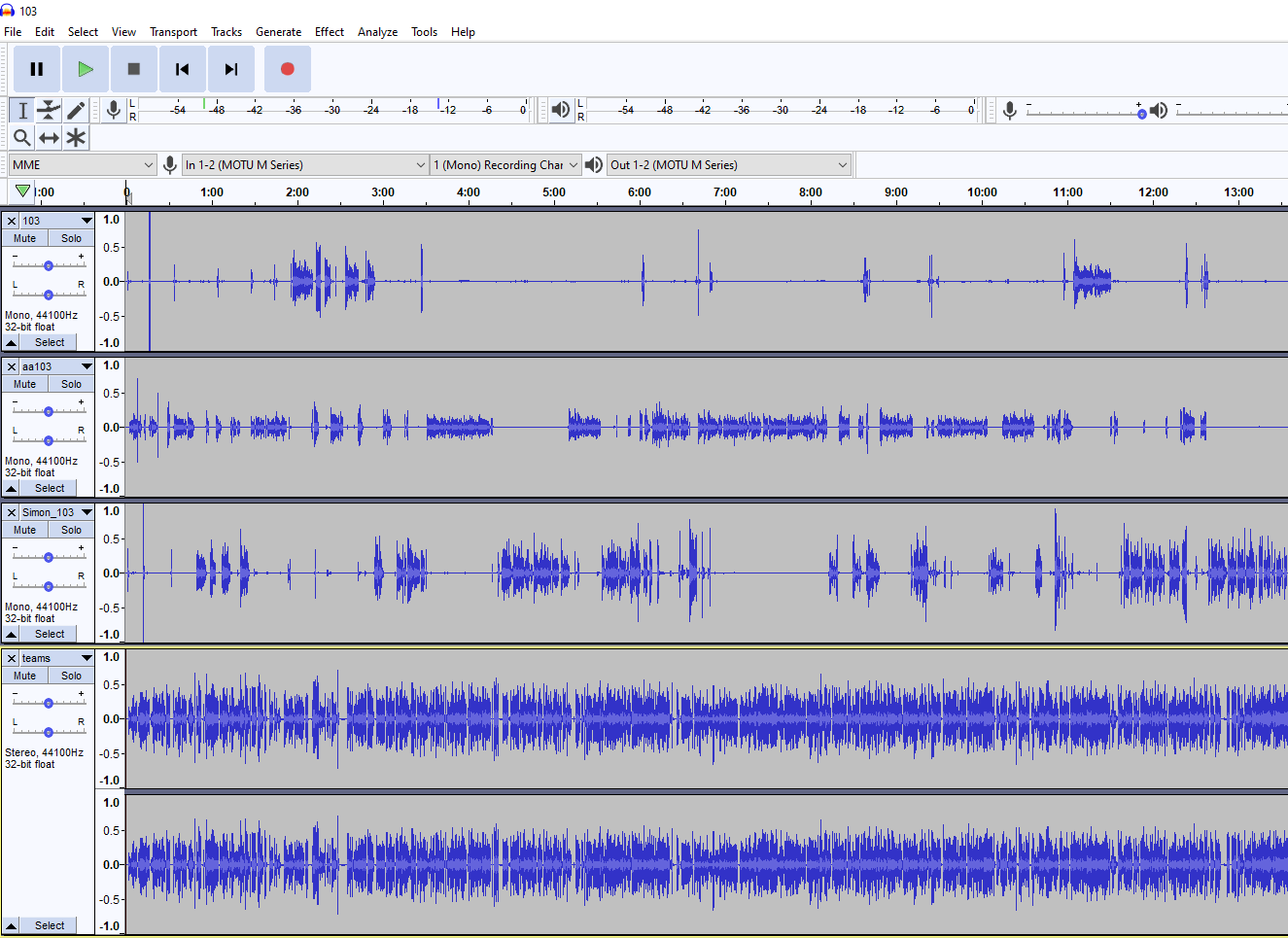 The unaligned audio tracks in Audacity