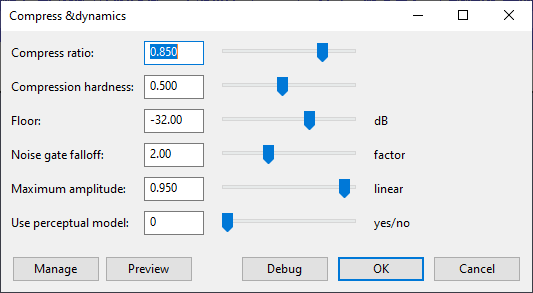 Settings for Chris&rsquo; Dynamic Compressor plug-in