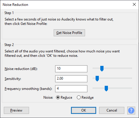 Settings for the noise reduction plug-in