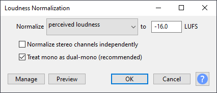 Settings for the loudness normalization plug-in